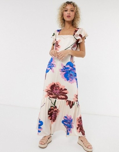 Liquorish square neck ruffle shoulder smock maxi dress in oversized bloom in ivory based floral / bold prints - flipped