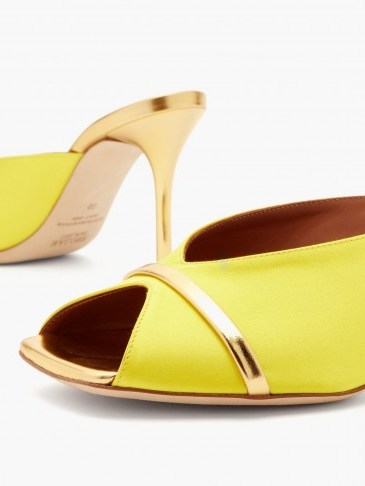 MALONE SOULIERS Lucia square-toe yellow-satin and metallic-leather mules - flipped