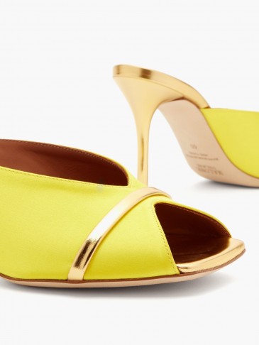 MALONE SOULIERS Lucia square-toe yellow-satin and metallic-leather mules