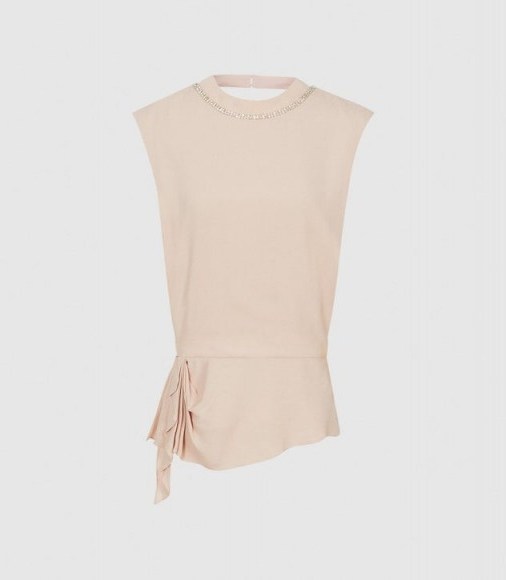 REISS MADEIRA DIAMANTE DETAIL TOP NUDE ~ neck detailed tops - flipped