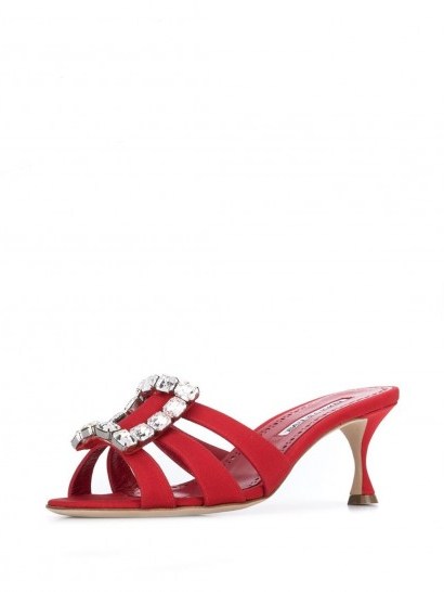 Manolo Blahnik Iluna embellished buckle sandals in red ~ cut-out mules - flipped