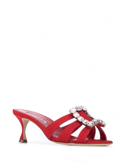 Manolo Blahnik Iluna embellished buckle sandals in red ~ cut-out mules