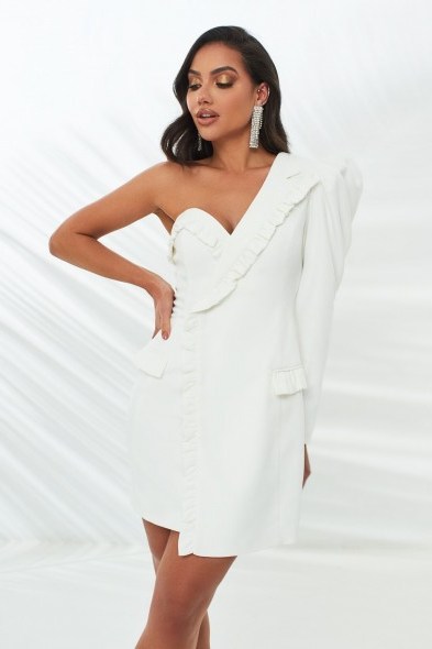 LAVISH ALICE micro ruffle detail tailored dress in white – one shoulder jacket dresses - flipped