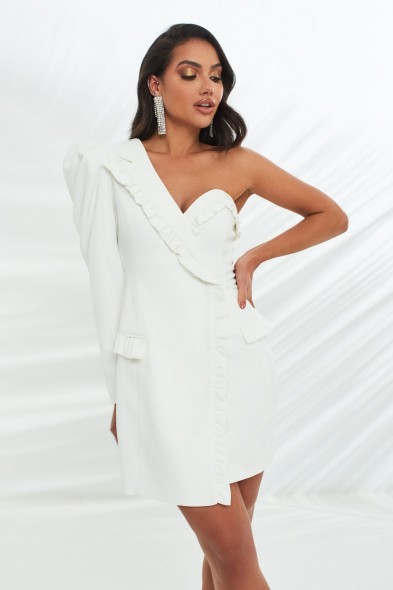 LAVISH ALICE micro ruffle detail tailored dress in white – one shoulder jacket dresses