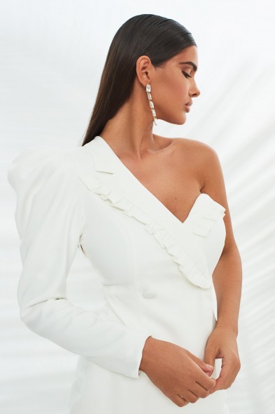 LAVISH ALICE micro ruffle detail tailored jacket in white – one puffed sleeve jackets