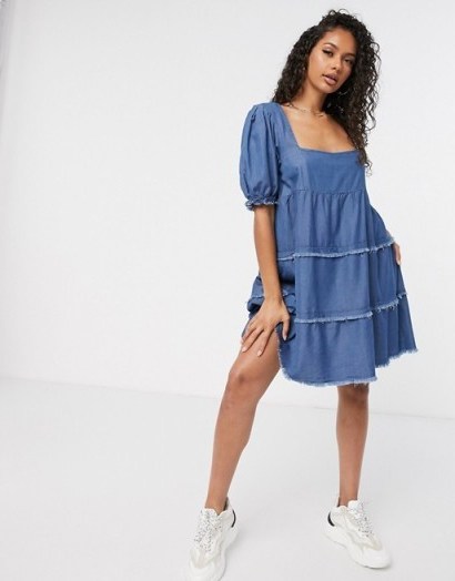 Missguided denim smock dress with square neck | blue tiered dresses - flipped