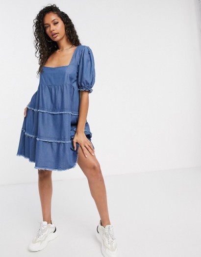 Missguided denim smock dress with square neck | blue tiered dresses