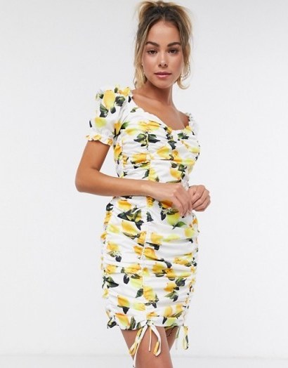 Missguided milkmaid dress with ruched detail in lemon print - flipped