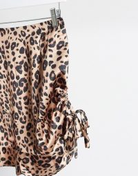 Missguided Petite satin ruched mini skirt in leopard print
