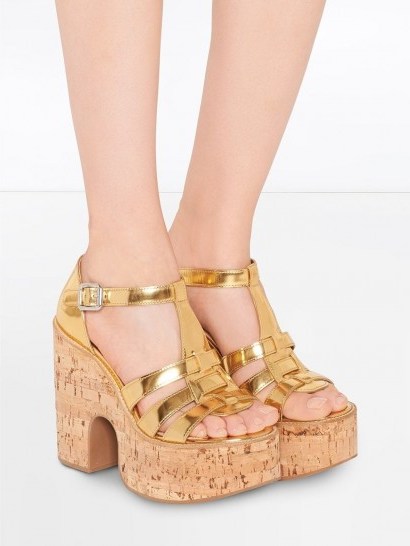 MIU MIU platform T-bar sandals / 70s inspired metallic-gold platforms - flipped