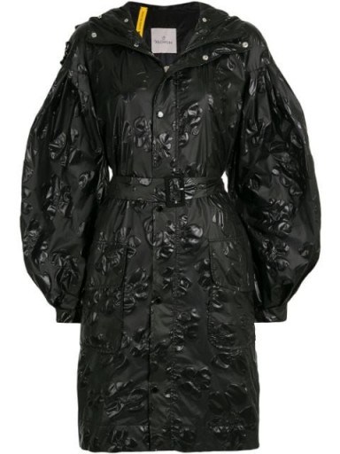 Moncler floral-embossed belted raincoat / black raincoats - flipped