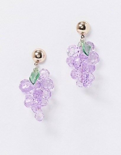 Monki grape earrings in purple / grapes / fruit jewellery - flipped