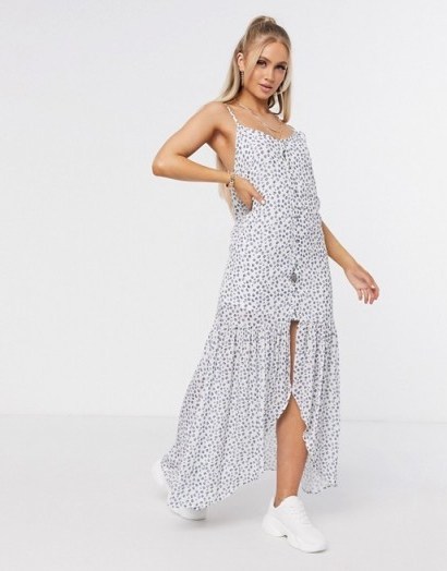 Na-kd floral sheer overlay maxi dress in white with blue flower - flipped