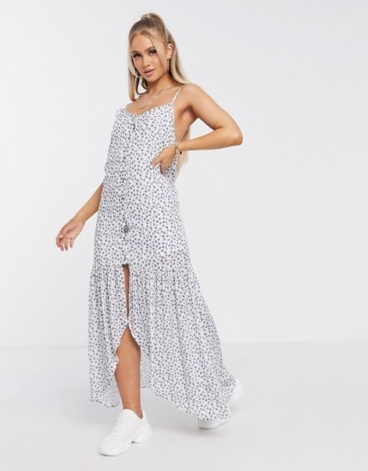 Na-kd floral sheer overlay maxi dress in white with blue flower