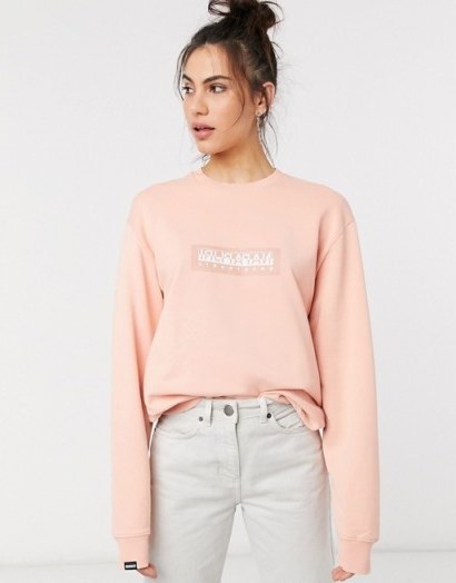 Napapijri Box sweatshirt in pink ~ drop shoulder logo print sweat top - flipped