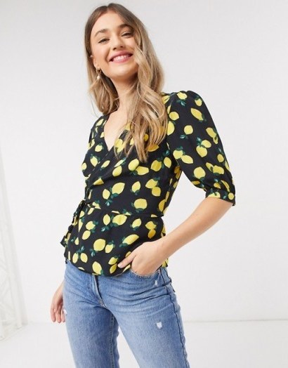 Nobody’s Child wrap top with puff sleeves in lemon print - flipped