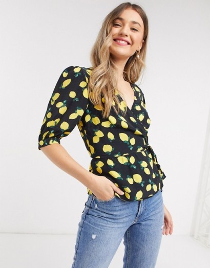 Nobody’s Child wrap top with puff sleeves in lemon print