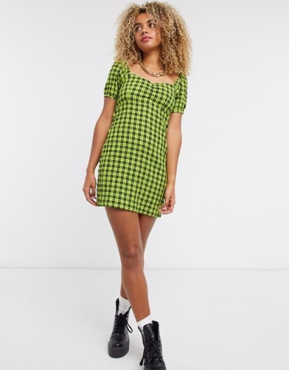 Noisy May skater dress with puff sleeves in green check / sweetheart necklines