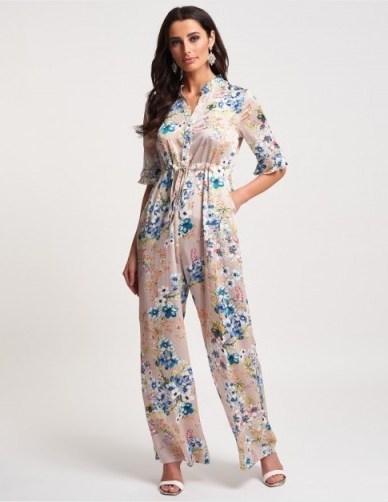 FOREVER UNIQUE Nude Floral Wide Leg Jumpsuit / gathered waist jumpsuits - flipped