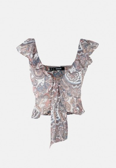 MISSGUIDED nude paisley print ruffle bralet ~ summer crop top - flipped