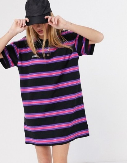 Obey t-shirt dress in multi stripe with embroidered logo black multi - flipped