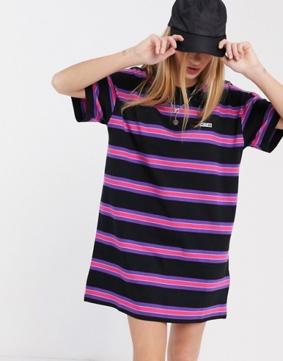 Obey t-shirt dress in multi stripe with embroidered logo black multi