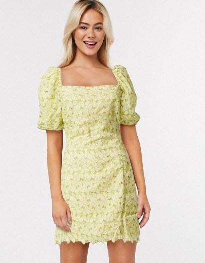 Object broderie milkmaid mini dress with puff sleeves in yellow | square neck summer dresses - flipped