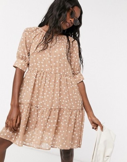 Object linen smock dress in light brown polka dot / tiered summer dresses - flipped