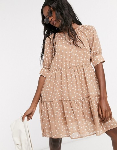 Object linen smock dress in light brown polka dot / tiered summer dresses