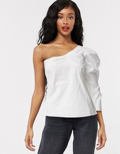 Object one shoulder top with puff sleeve in white | asymmetric neckline tops - flipped