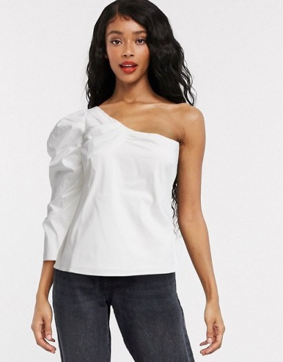 Object one shoulder top with puff sleeve in white | asymmetric neckline tops