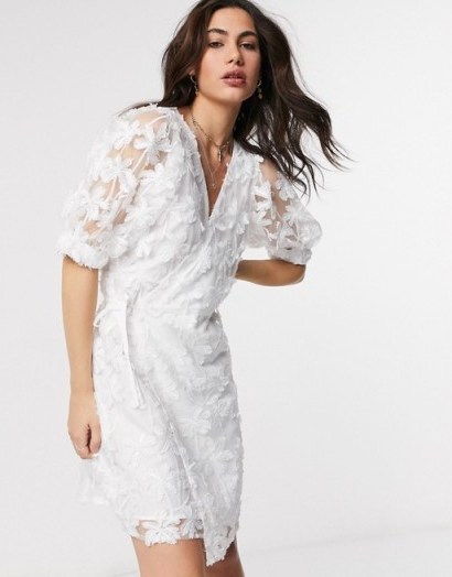 Object wrap organza dress with puff sleeves and sequin details in white / semi sheer side tie dresses - flipped