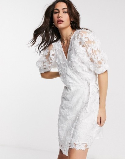 Object wrap organza dress with puff sleeves and sequin details in white / semi sheer side tie dresses