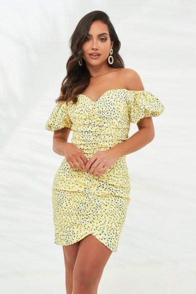 LAVISH ALICE off shoulder puff sleeve mini dress in yellow floral print – ruched summer occasion dresses - flipped