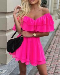 Off Shoulder Ruffle Fit Flare Dress – in bright glowing pink!