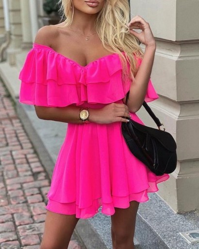Off Shoulder Ruffle Fit Flare Dress – in bright glowing pink! - flipped