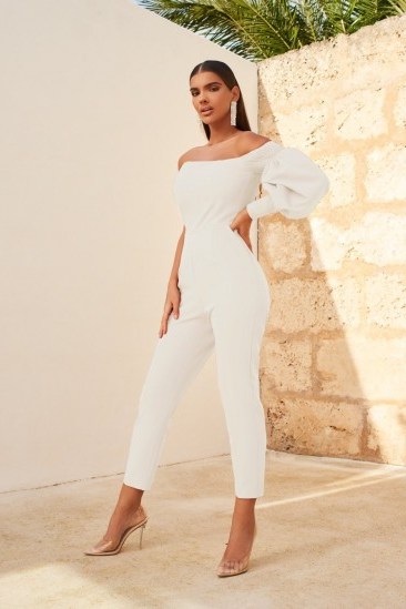 LAVISH ALICE one balloon sleeve tapered jumpsuit in white - flipped
