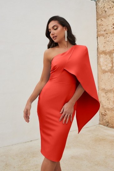 LAVISH ALICE one shoulder cape midi dress in red – party glamour - flipped