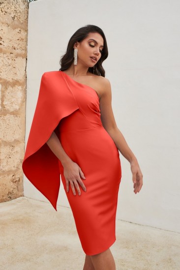 LAVISH ALICE one shoulder cape midi dress in red – party glamour