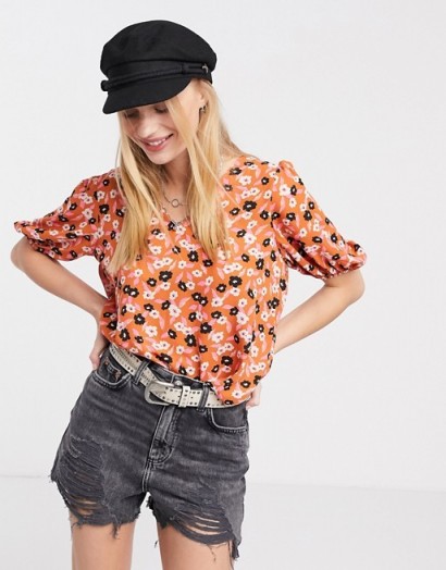 Only blouse with puff sleeves in orange floral