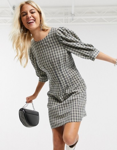 Only mini dress with puff sleeves in check