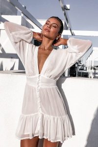 The Fashion Bible PARIS WHITE CHIFFON LONG SLEEVE SHIFT DRESS