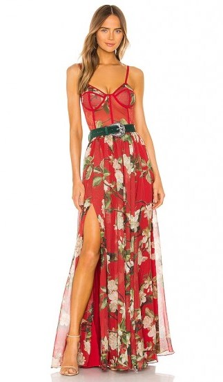 PatBO Floral Bustier Belted Maxi Dress Cherry ~ floaty skinny strap dresses - flipped