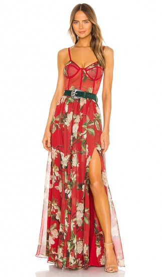 PatBO Floral Bustier Belted Maxi Dress Cherry ~ floaty skinny strap dresses