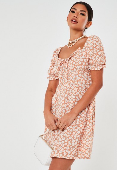 MISSGUIDED peach floral milkmaid mini dress