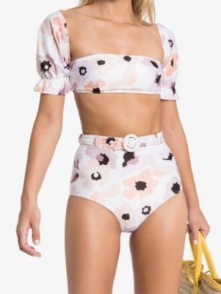 Peony Floral Print Pouf Sleeve Bikini Top ~ feminine bikinis - flipped