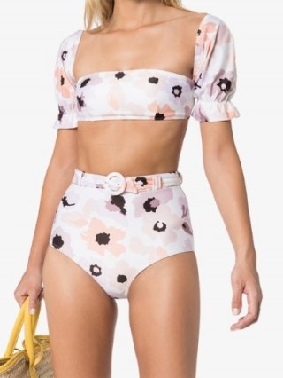 Peony Floral Print Pouf Sleeve Bikini Top ~ feminine bikinis