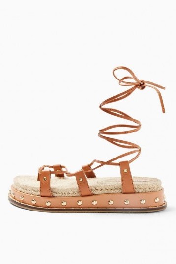 TOPSHOP PEPPER Tan Leather Sandals / ankle tie summer sandal - flipped
