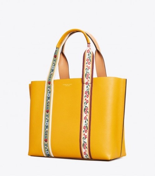 TORY BURCH PERRY WEBBING TRIPLE-COMPARTMENT TOTE Dark Solarium / yellow flower embroidered handbag - flipped