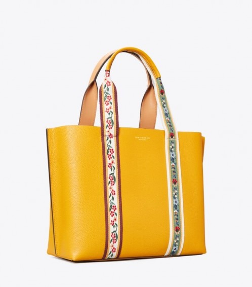 TORY BURCH PERRY WEBBING TRIPLE-COMPARTMENT TOTE Dark Solarium / yellow flower embroidered handbag
